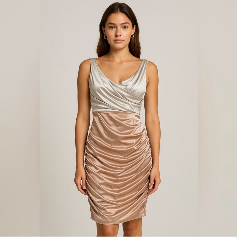 Le Chateau Two Tone Satin Ruched Cocktail Dress